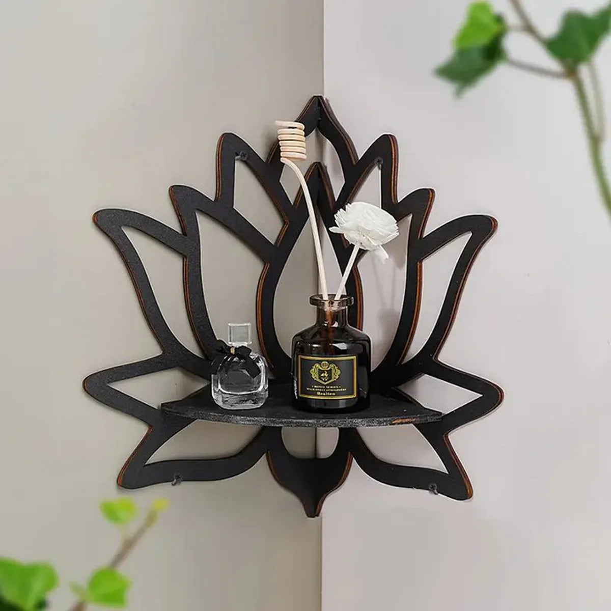 Wooden Lotus Wall Mounted Corner Shelf Rack, Black - Essential Oil Candle Holder