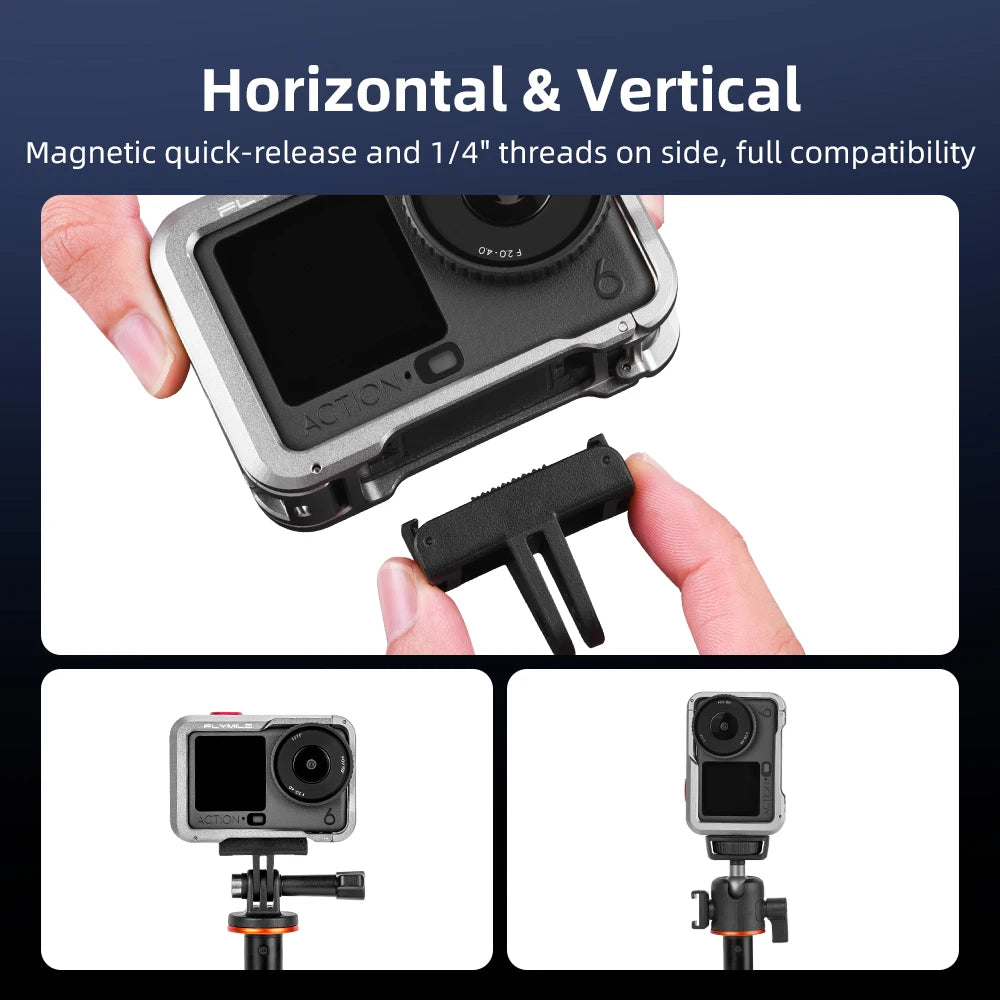 Flymile Action 6 Metal Cage Protective Case Aluminum Alloy Shell Cold Shoe Mount Adapter for DJI Action 6 Creator Accessories