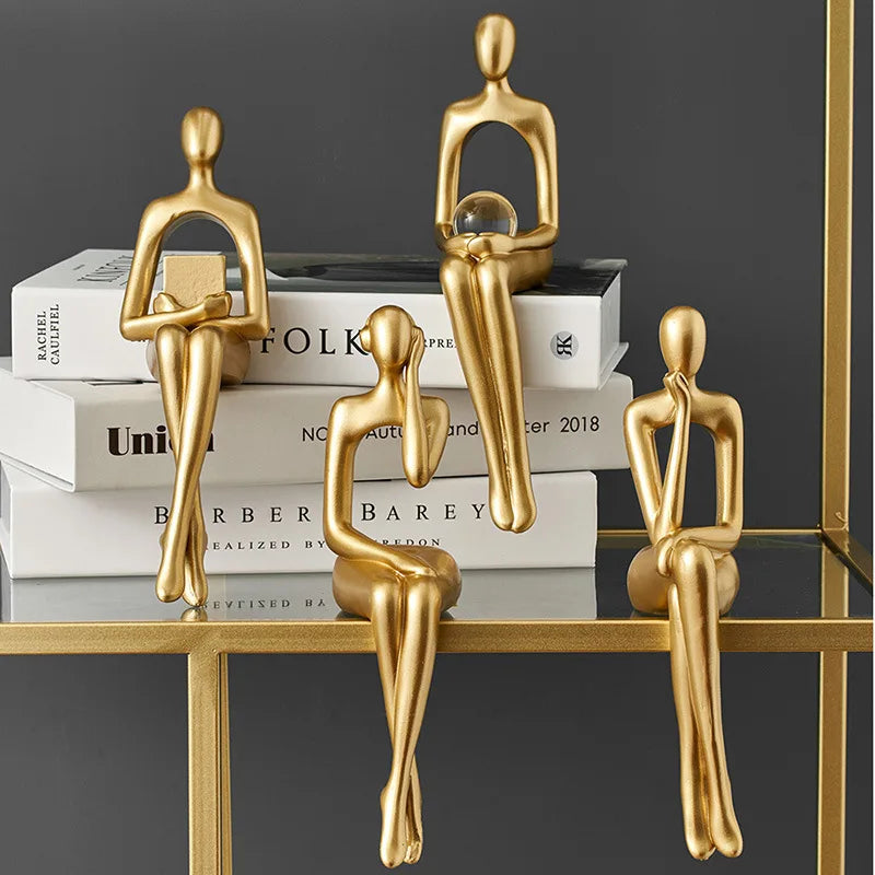 Gold Thinker Statue Bookshelf Sculpture Figurine, Holding Book Style, Modern Desk Decor
