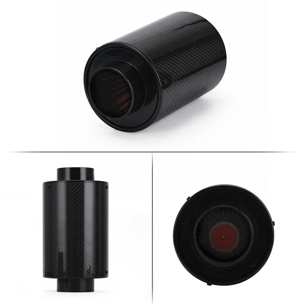 Universal Carbon Fiber Cold Air Intake Kit Enclosed Filter Box Induction Pipe Hose, Black