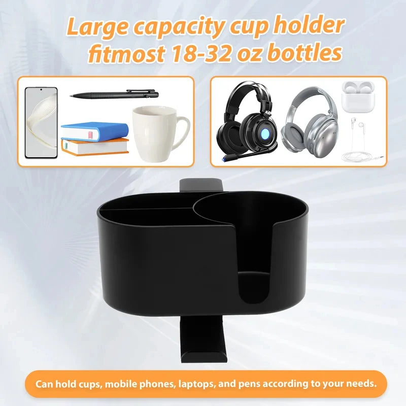 4-in-1 Clip-On Desk Cup Holder with Headphone Hanger, Adjustable Black