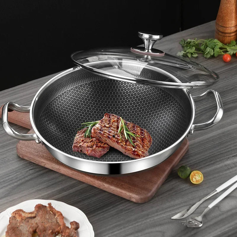 32cm 304 Stainless Steel Frying Pan Food Grade Non Stick Pan Honeycomb Pot Bottom Induction Cooker Gas Stove General Wok