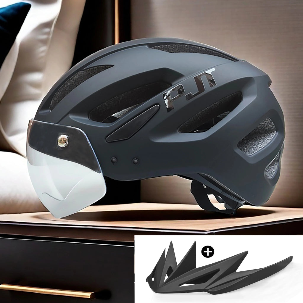 PJT New LED Bike Helmet With Sun Goggle Visor Rechargeable LED Men Bicycle Helmet Sunglasses Shield Road MTB Cycling Helmets