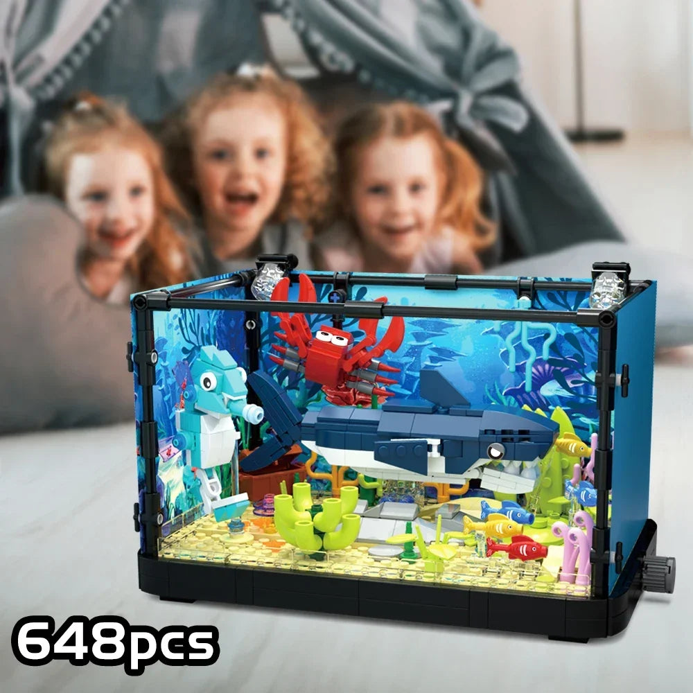 Idea Fish Tank Building Block Set with Light，Aquarium, Marine Life, Jellyfish And Turtle Ecological Tank, Toys For Boys And Girl