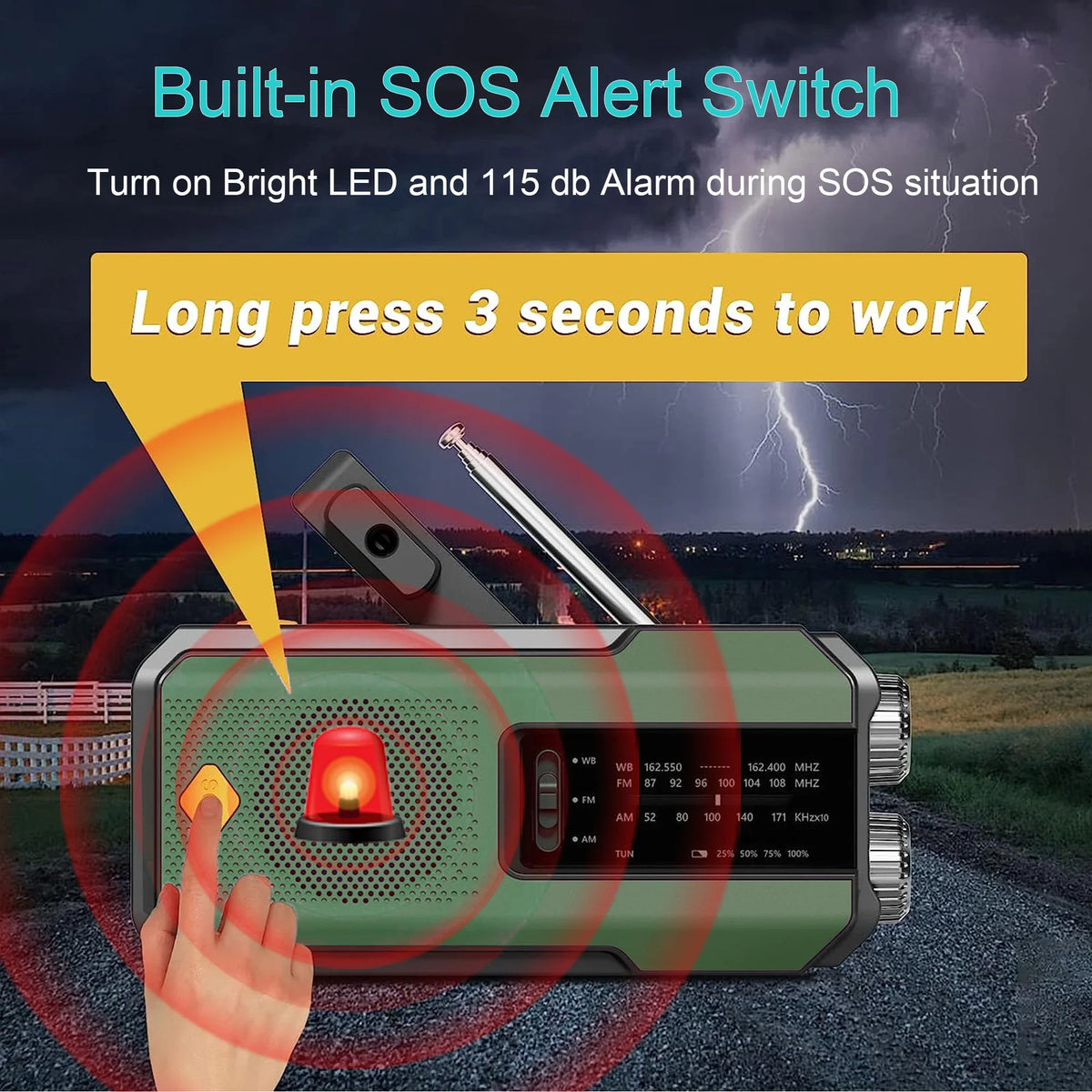 Emergency Portable Hand Crank NOAA Weather Radio,Solar Powered,AM/FM,SOS Alarm,3 LED Flashlight 2000mAh Rechargeable Power Bank
