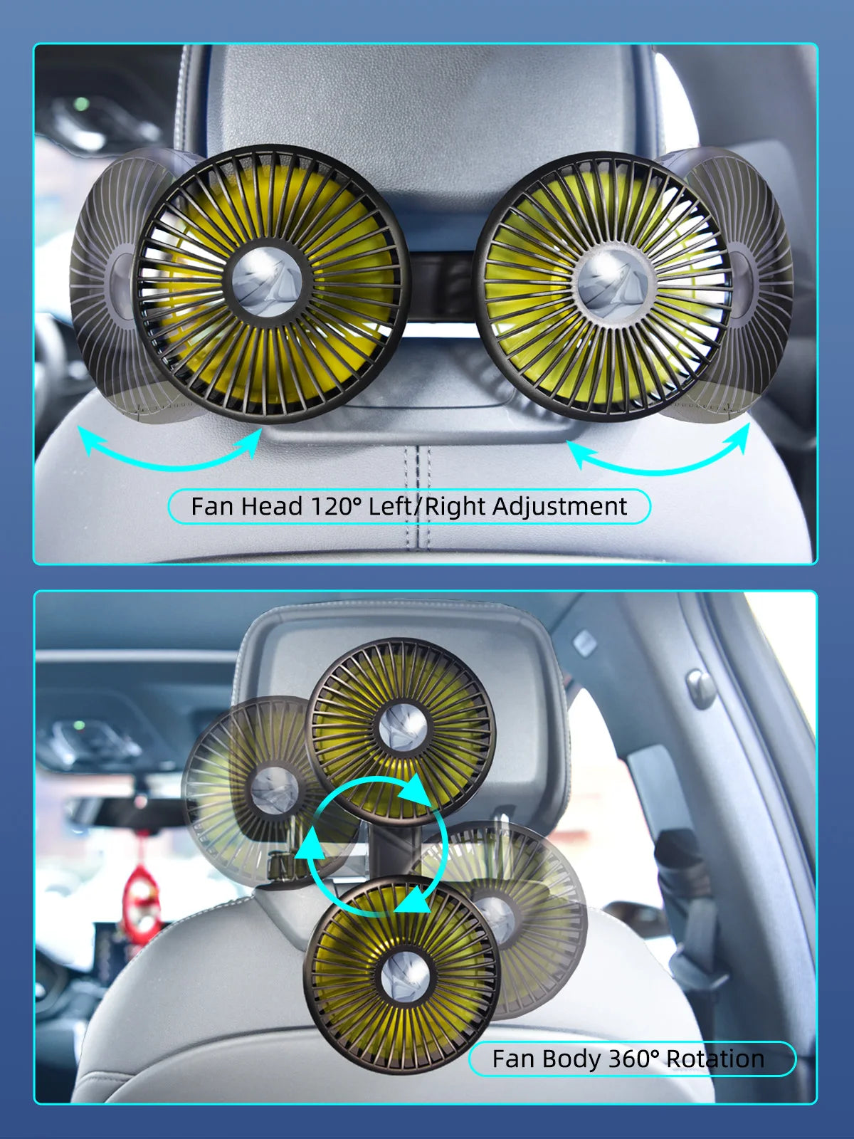 Eary Car Rear Seat Fan Headrest Backseat Dual Head Fan 2000mAh Battery 3 Speed Air Cooling Fans for kids Summer Car Accessories