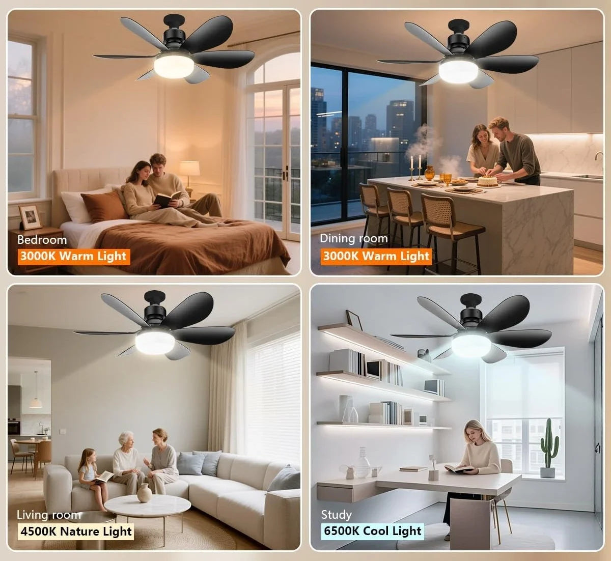 E27 Base LED Ceiling Fan Light with Remote Control 85V-265V Voltage 3 Color Lights Dimmable Lamp for Living Room Home Decor