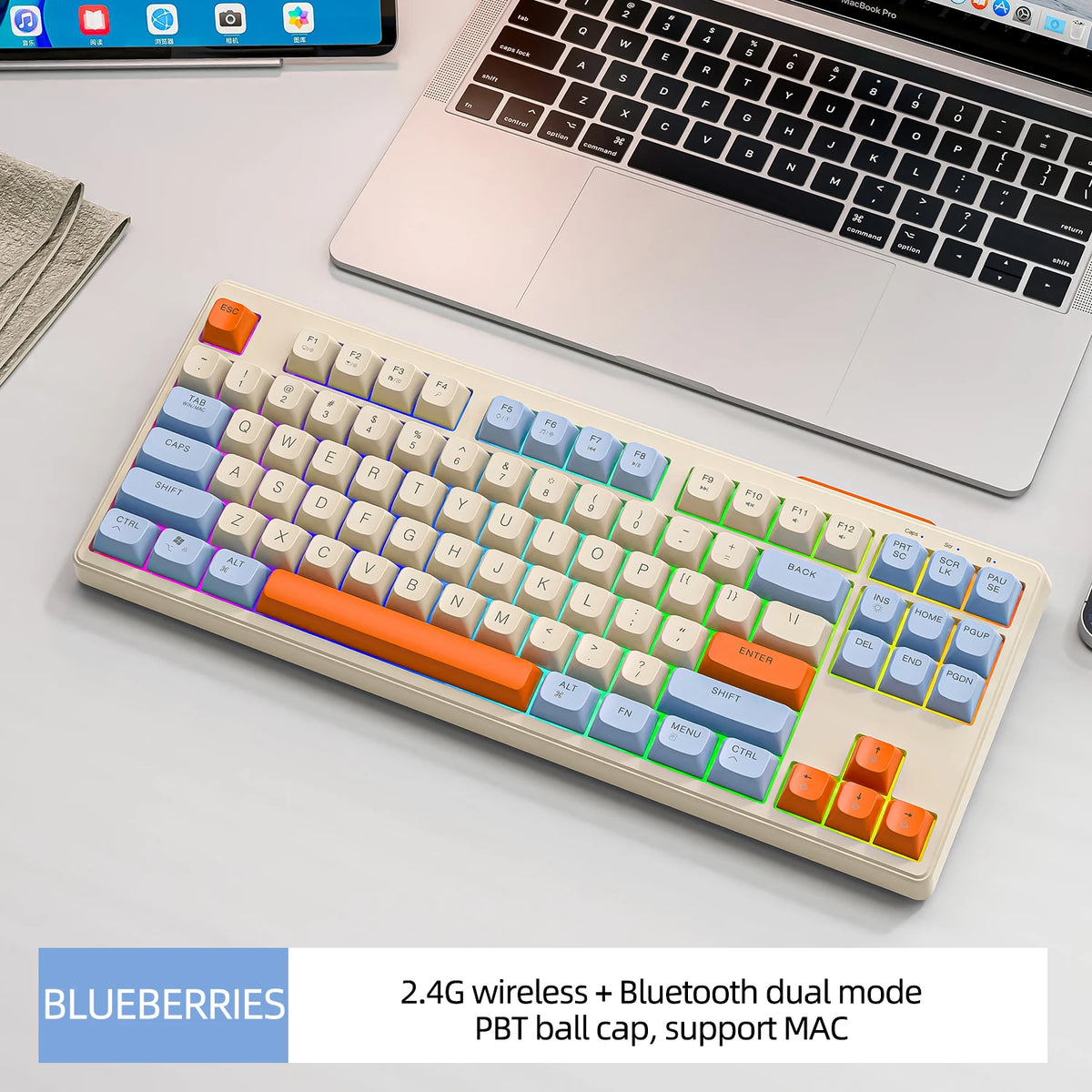 M87 Wireless Keyboard Gaming,87keys Dual Mode Bluetooth Keyboard with Rainbow-light RGB,PBT Ballcaps for Silent Office Gaming