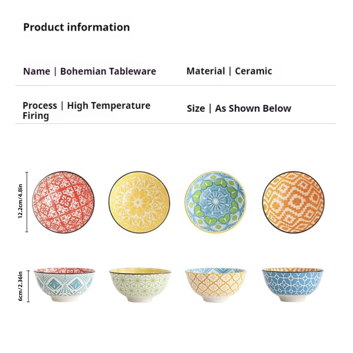 4-Piece Bohemian Ceramic Bowl Set - Salad, Dessert, Soup, Fruit, Appetizer & Snack Nut Bowls, Dishwasher & Microwave Safe