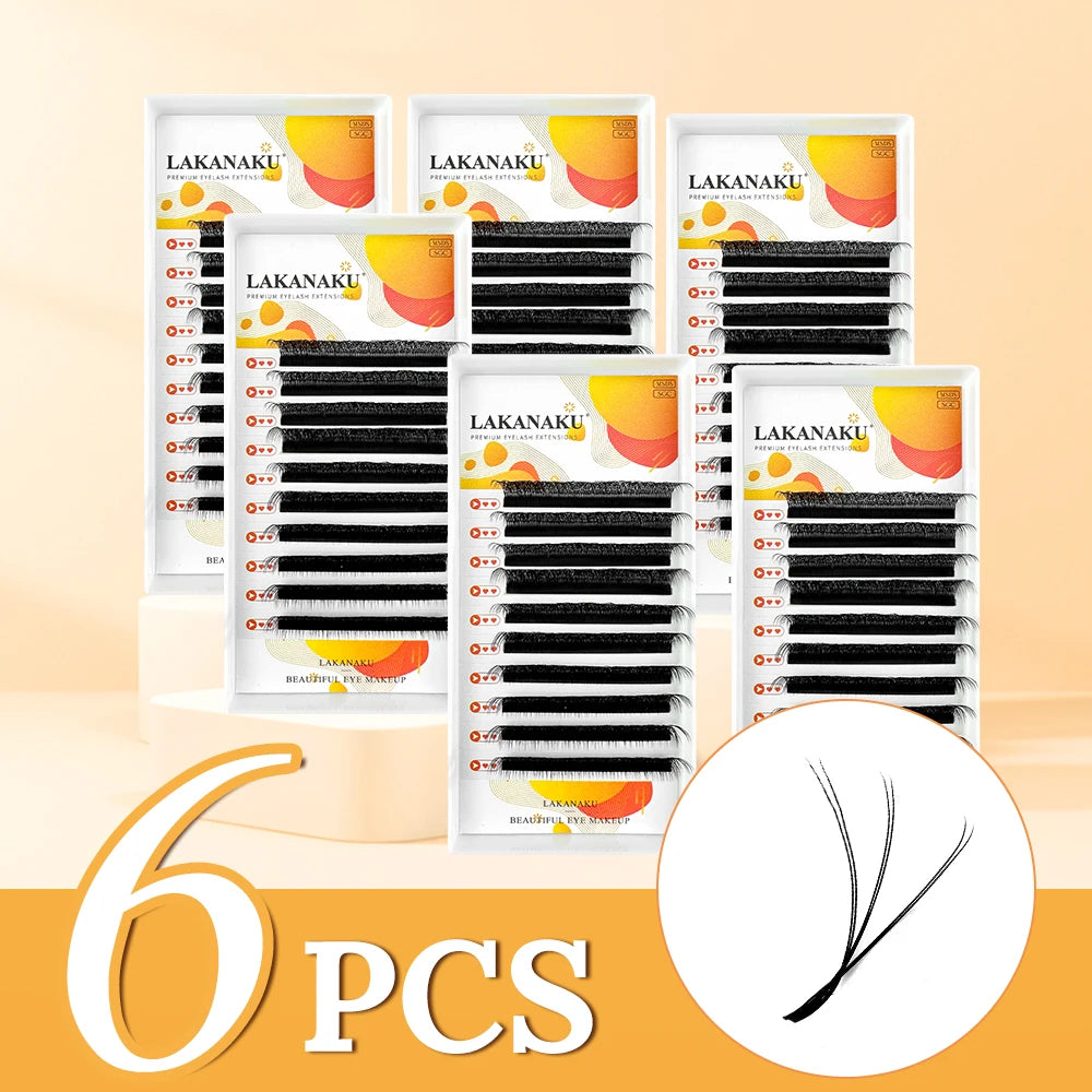 LAKANAKU 6 Trays 6D W Shaped Eyelash Extensions Volume Egipcio Full Cilios Natural Fio 6w Lash Soft Fans