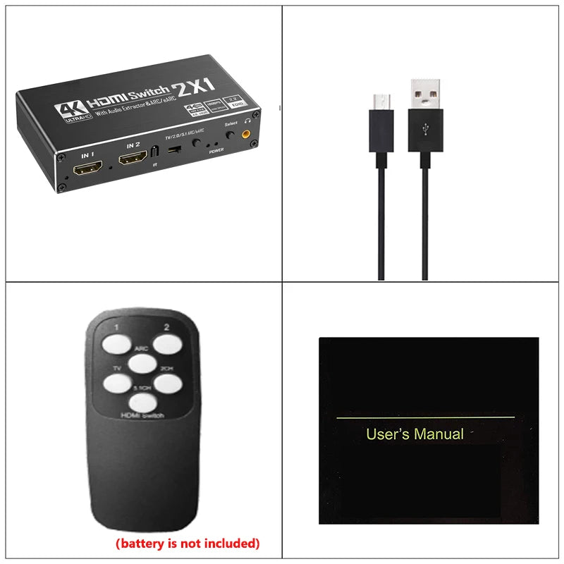 HDMI Switch Audio Extractor 2x1 4K 60Hz, HDMI ARC, Optical Toslink SPDIF, Coaxial, L/R