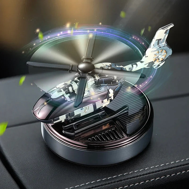 Car Solar Air Freshener Automatic Rotation Essential Oil Diffuser Dashboard Camouflage Helicopter Ornaments Remove Odor