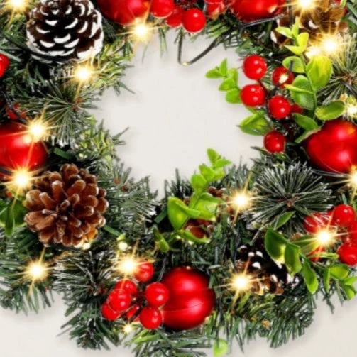 Elegant Red Christmas Wreath LED PVC Red Fruit Christmas Wreath Window Door Wall Ornament Decorations Home Halloween Decor Gifts