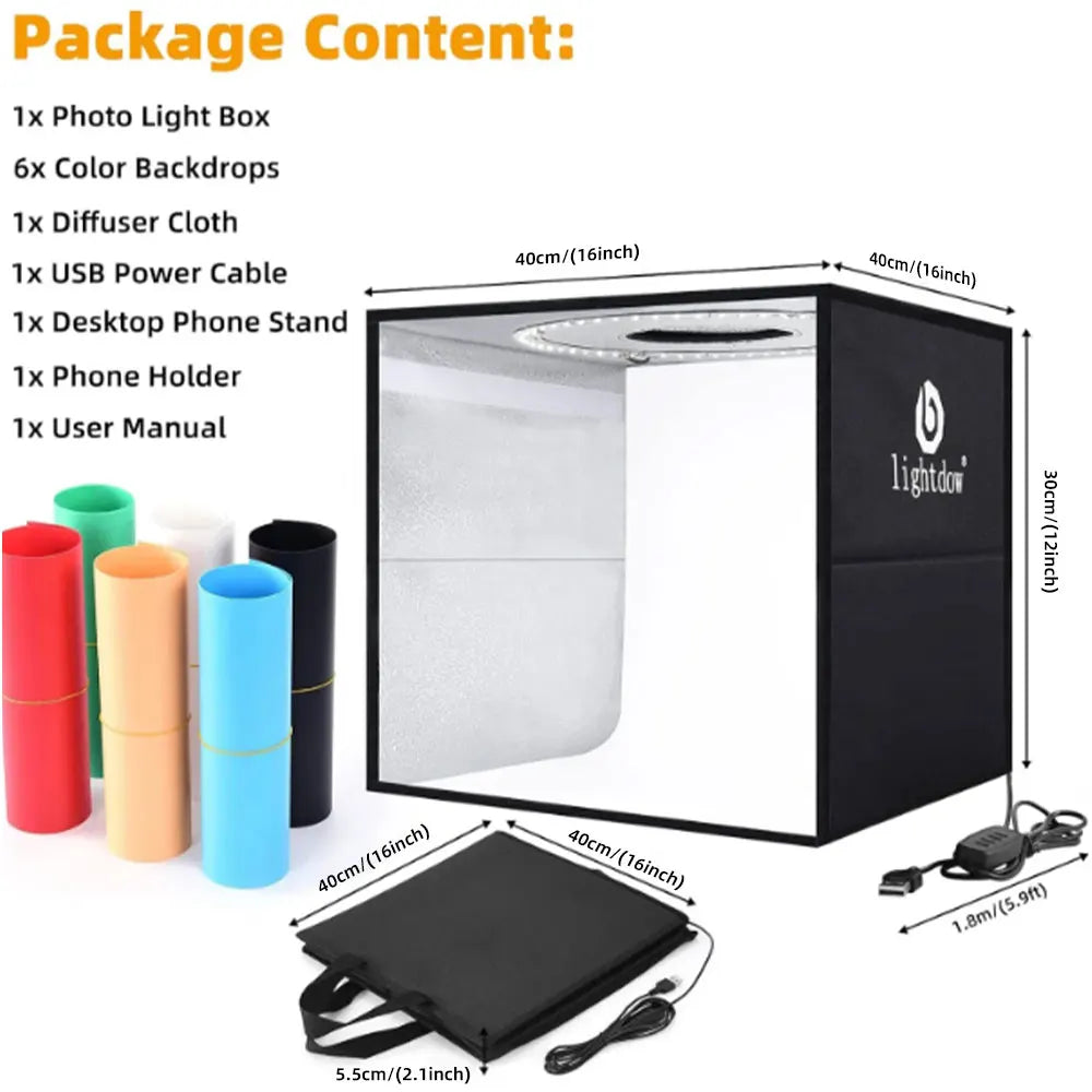 Lightdow LED photo light box studio tent 40x40x30cm, 120 LED CRI95 ring, 6 backdrops