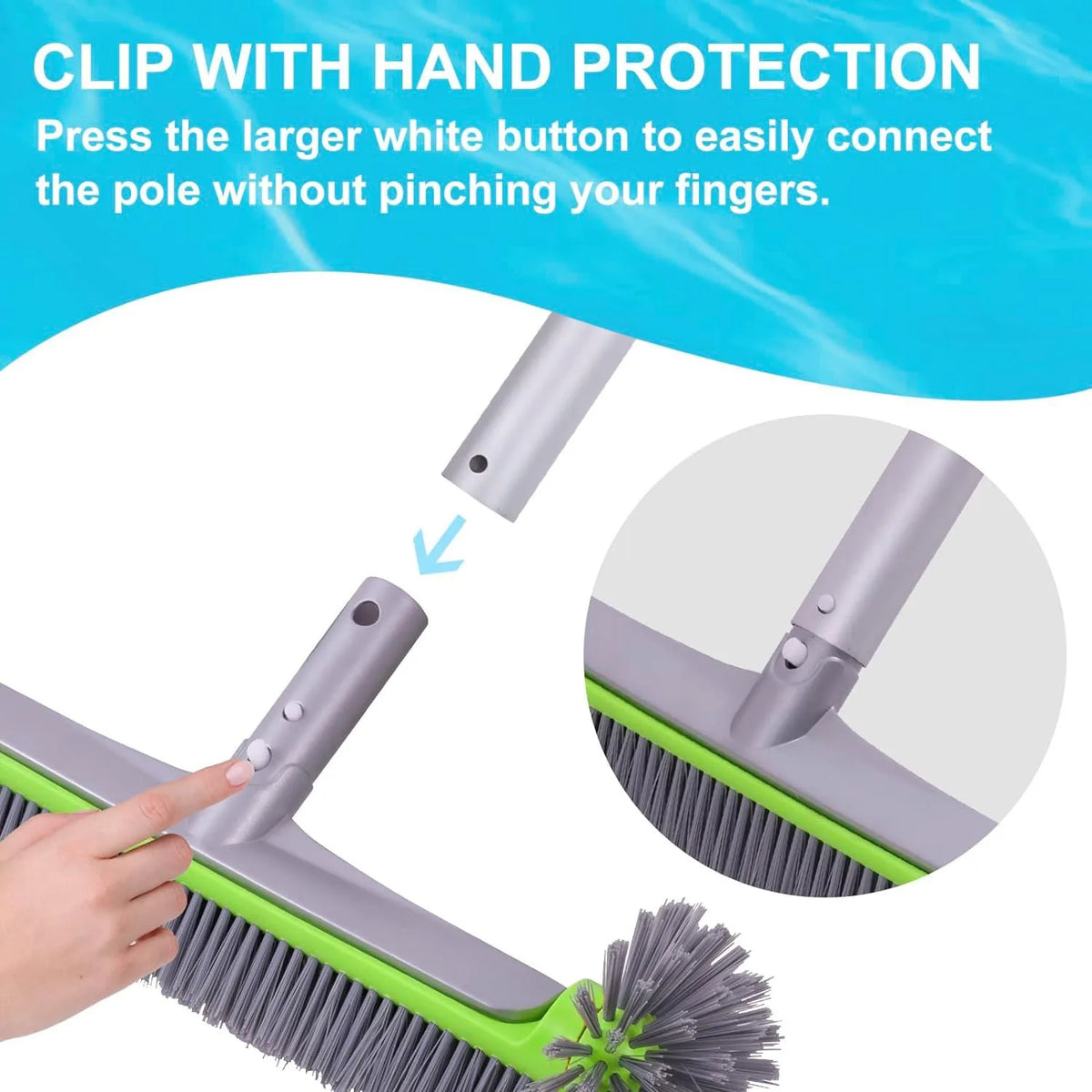 Heavy Duty 17.5" Pool Brush Head 7 Rows Bristles Reinforced Aluminum Back EZ Clip for Pool Walls Steps Inground Above Ground