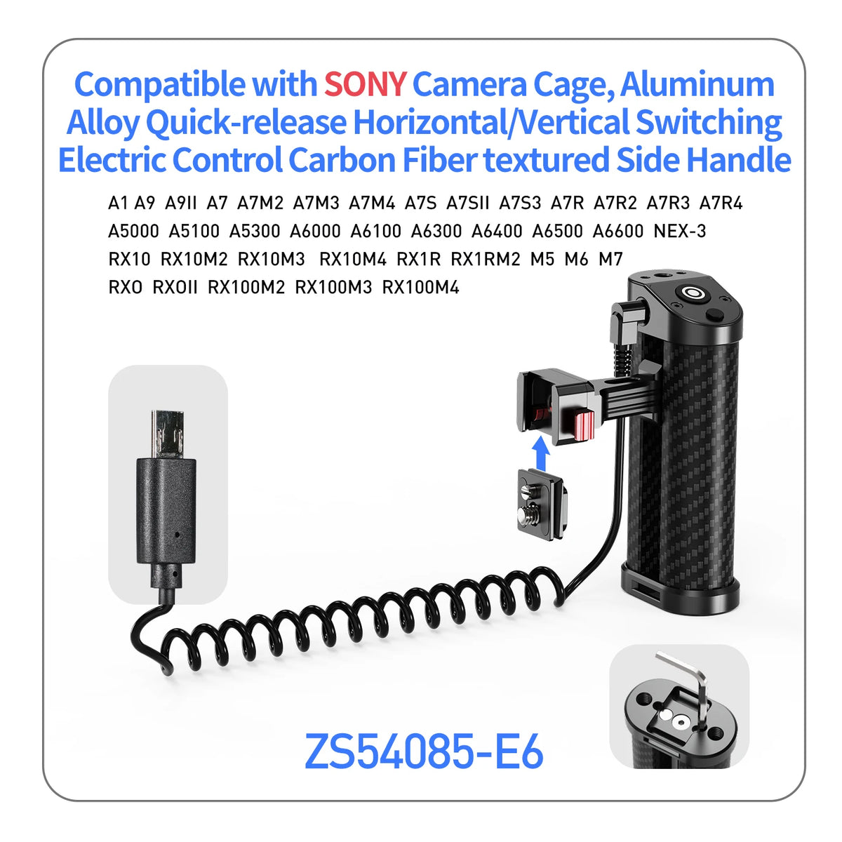 DSLR Camera Cage Side Handle Grip With Trigger Shutter Control Cable for Sony Canon Nikon Camera Carbon Fiber Top Hand Grip