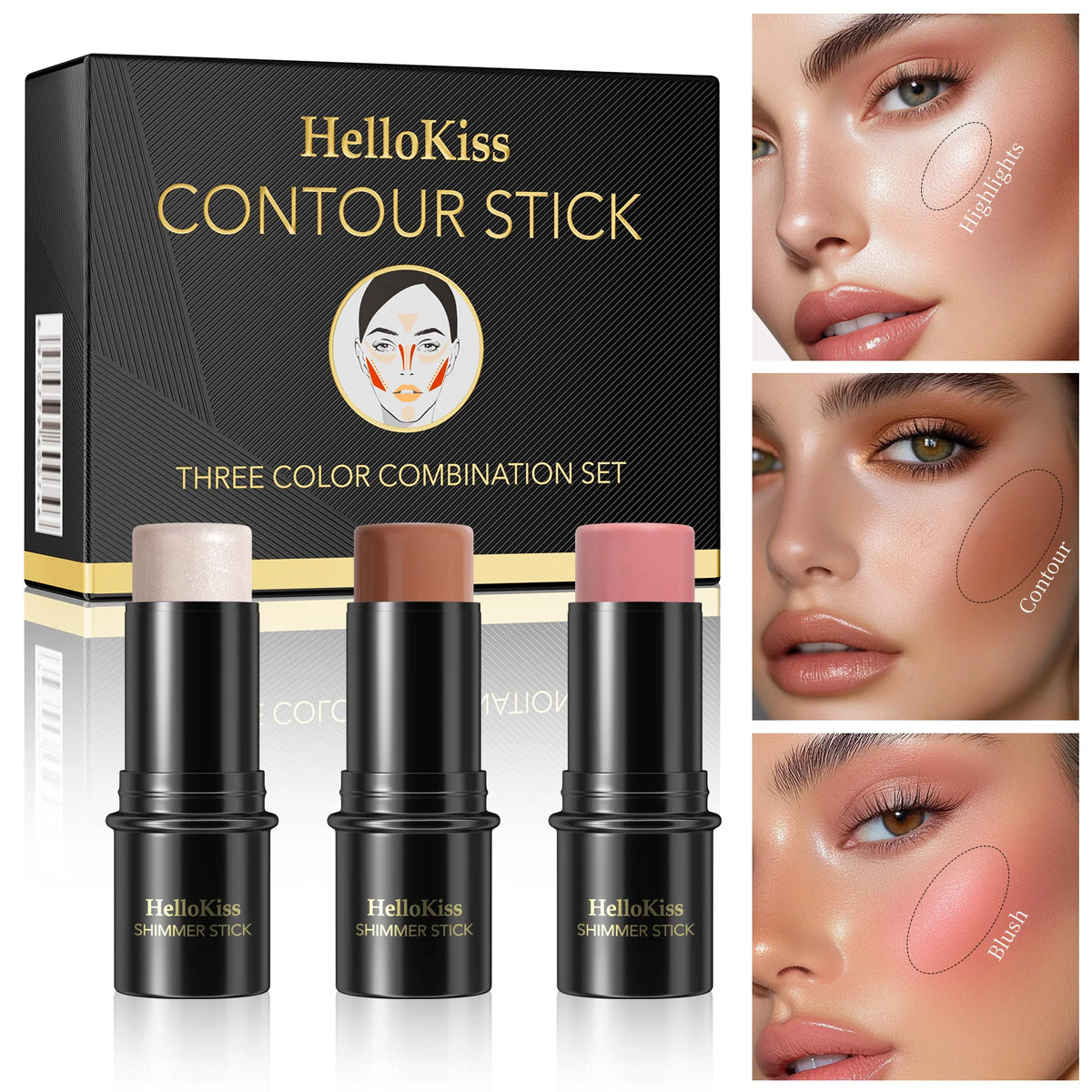 1 Set of 3 Contouring Sticks, Highlighter Sticks, and Blush Sticks, 3-Piece Cream Contouring Set, Creates Facial Contours, Non-Greasy