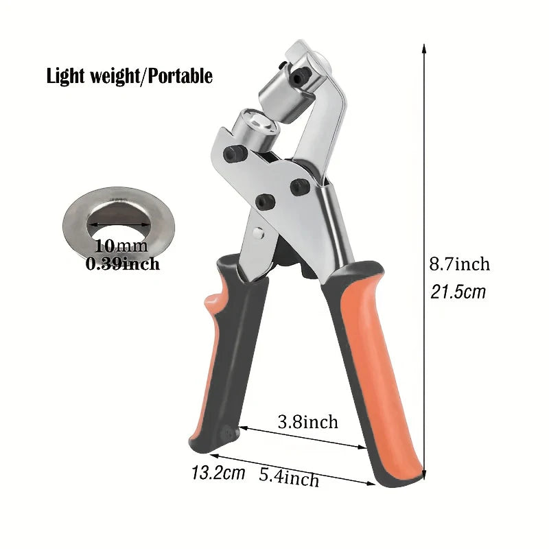 Grommet Tool Kit Handheld Hole Punch Pliers Portable Grommet Hand Press Machine Manual Puncher w/ Silver Grommets of 10mm