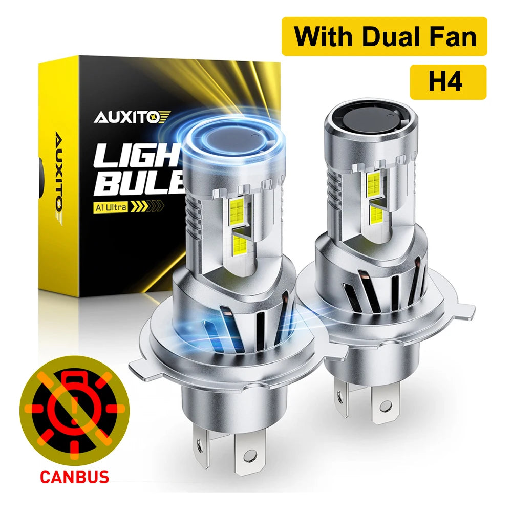 AUXITO 2Pcs Turbo H4 9003 HB2 Car LED Headlight Bulbs CANBUS 6500K 80W High Power H4 LED High Low Beam With Dual Fan 25000LM 12V