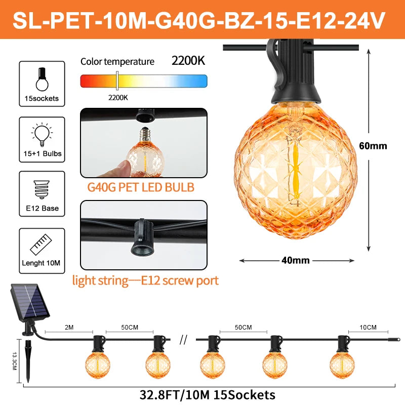 Grensk Solar String Lights with Remote, Dimmable G40 LED Diamond Bulbs, IP44 Outdoor