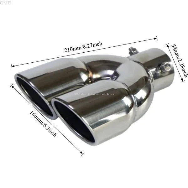 Universal Double Outlet Exhaust Tip Muffler Tailpipe 58mm/73mm Black or Silver Straight/Curved