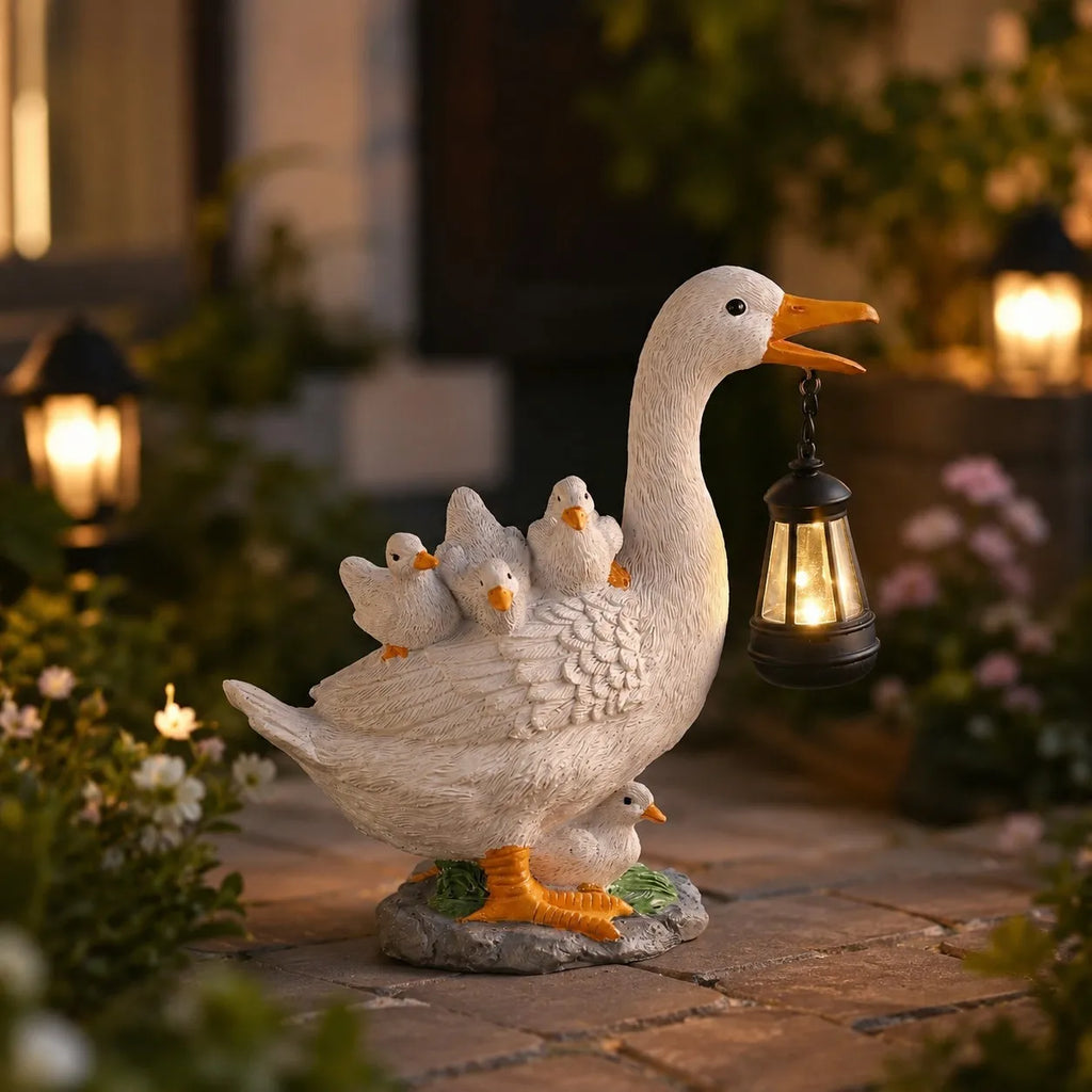 Solar Duck Garden Statue With Lantern, Resin Goose Family Figurine LED Light Waterproof Outdoor Home Decor For Patio, Lawn, Pond