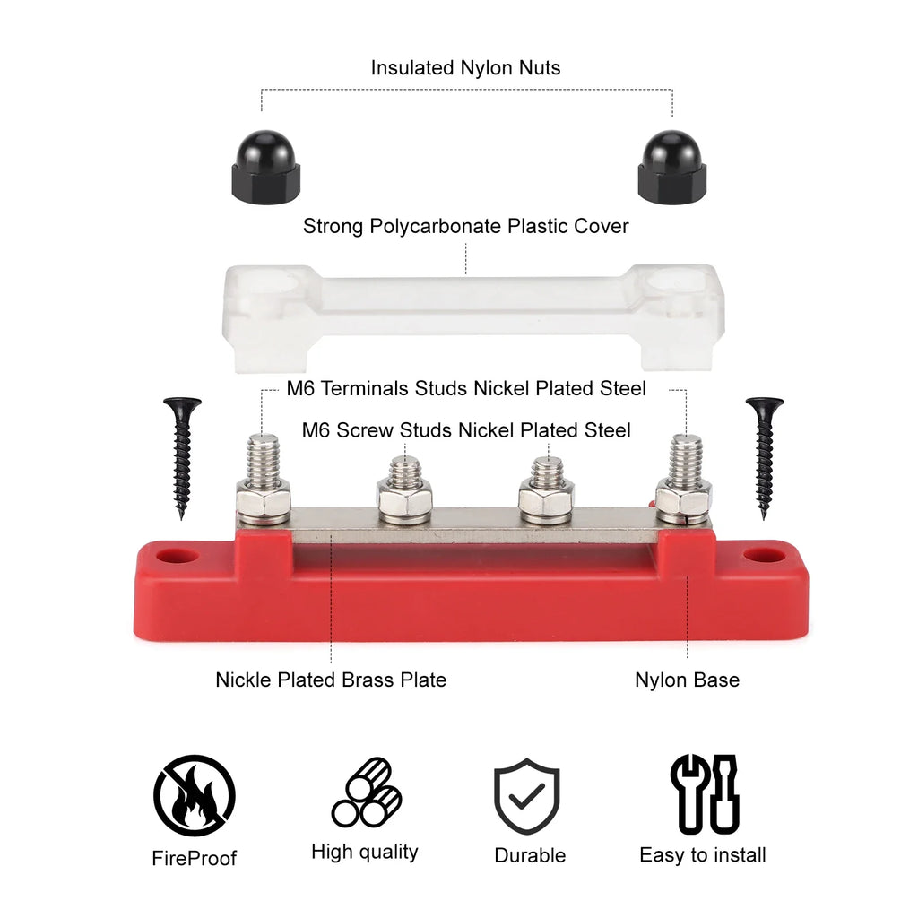 48V 150A Marine 8x1/4 M6 Power Distribution Block with Cover 12V-48V Busbar Terminal Block Battery Bus Bar Terminal Block