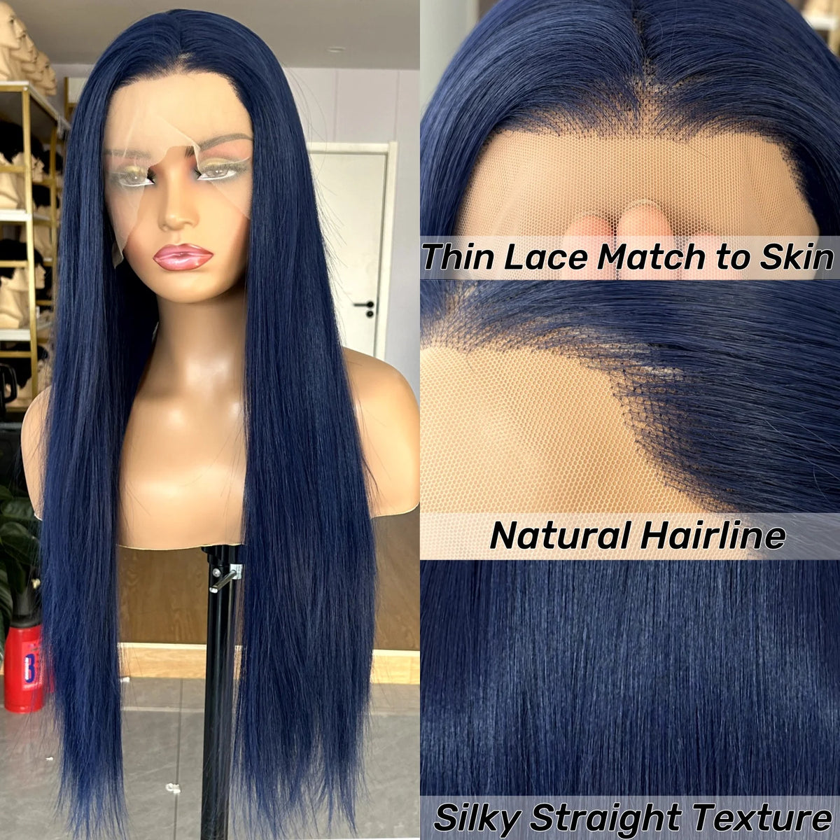 Dark Blue Synthetic Lace Front Wig 13x4 Free Part Straight 150% Density 22-26in
