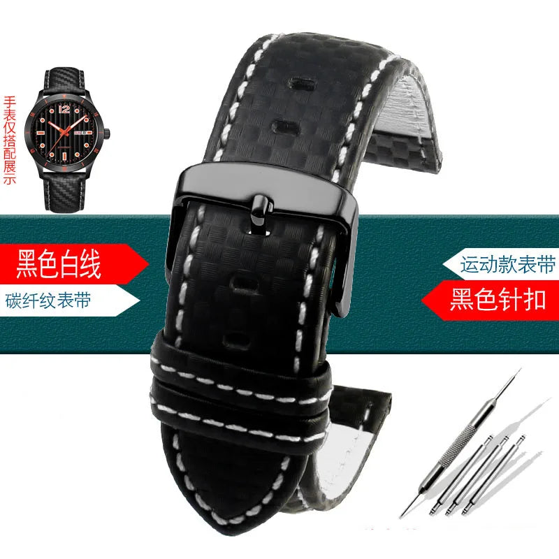 Carbon Fiber Pattern Leather Watch Strap 18mm 20mm 21mm 22mm 23mm 24mm Black Red Orange Stitching Watchband Bracelet Wristband