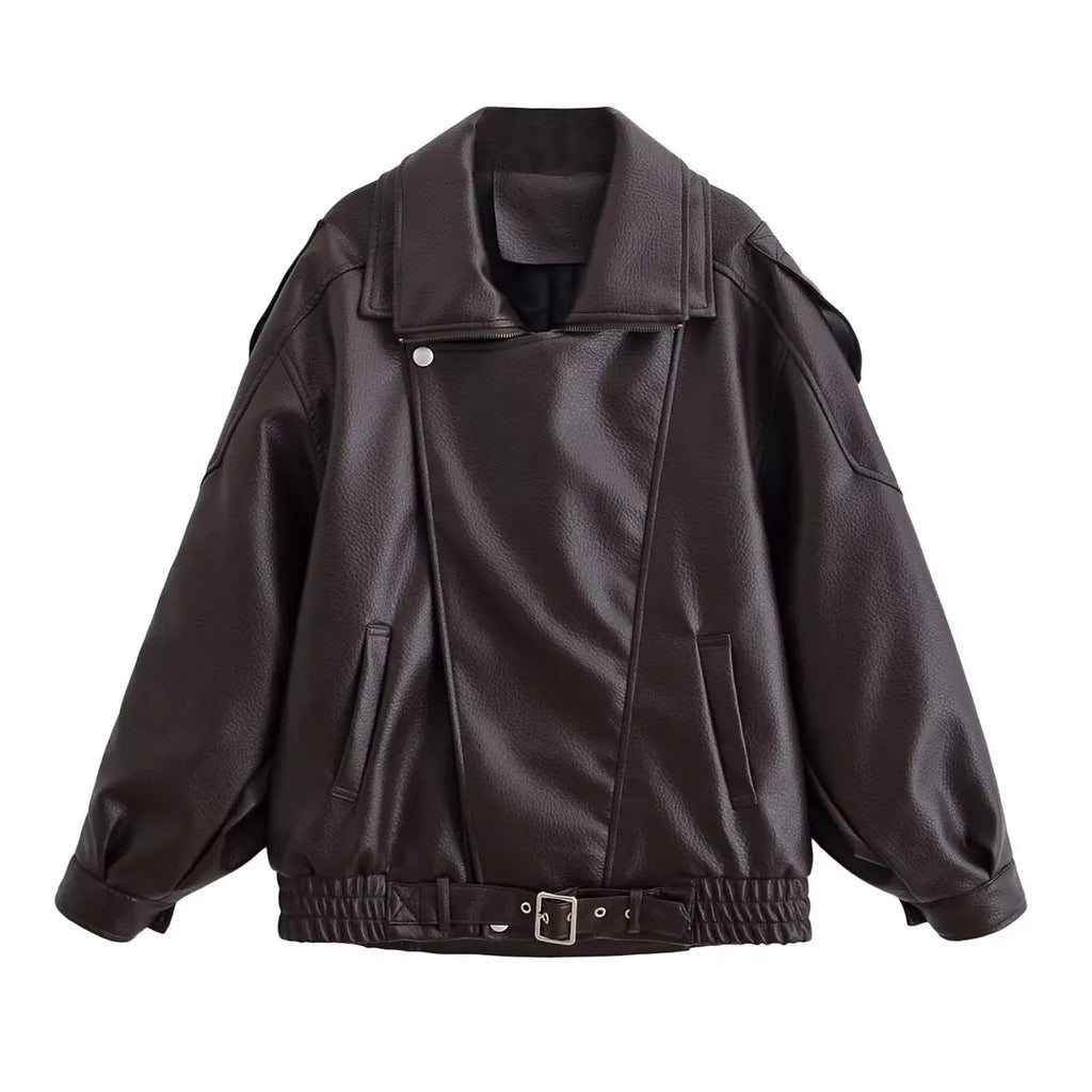 HH Autumn Faux Leather Jacket For Women Casual Solid Long Sleeve Zipper Pu Leather Coats New Fashion Female Streetwear