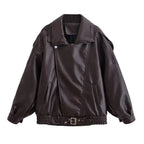 HH Autumn Faux Leather Jacket For Women Casual Solid Long Sleeve Zipper Pu Leather Coats New Fashion Female Streetwear