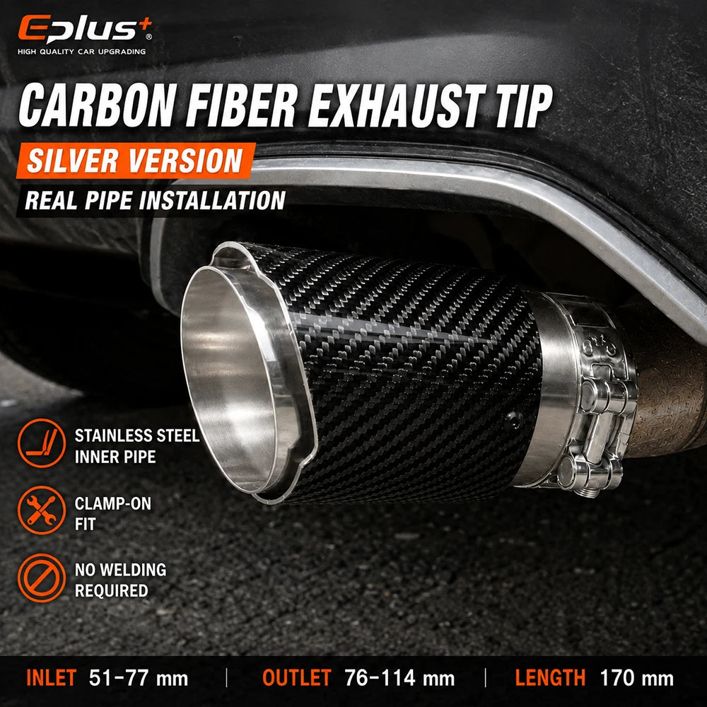 Universal Glossy Carbon Fiber Car Exhaust Muffler Tip Clamp‑On Straight Exhaust Pipe Mufflers Nozzle Straight Stainless Silver