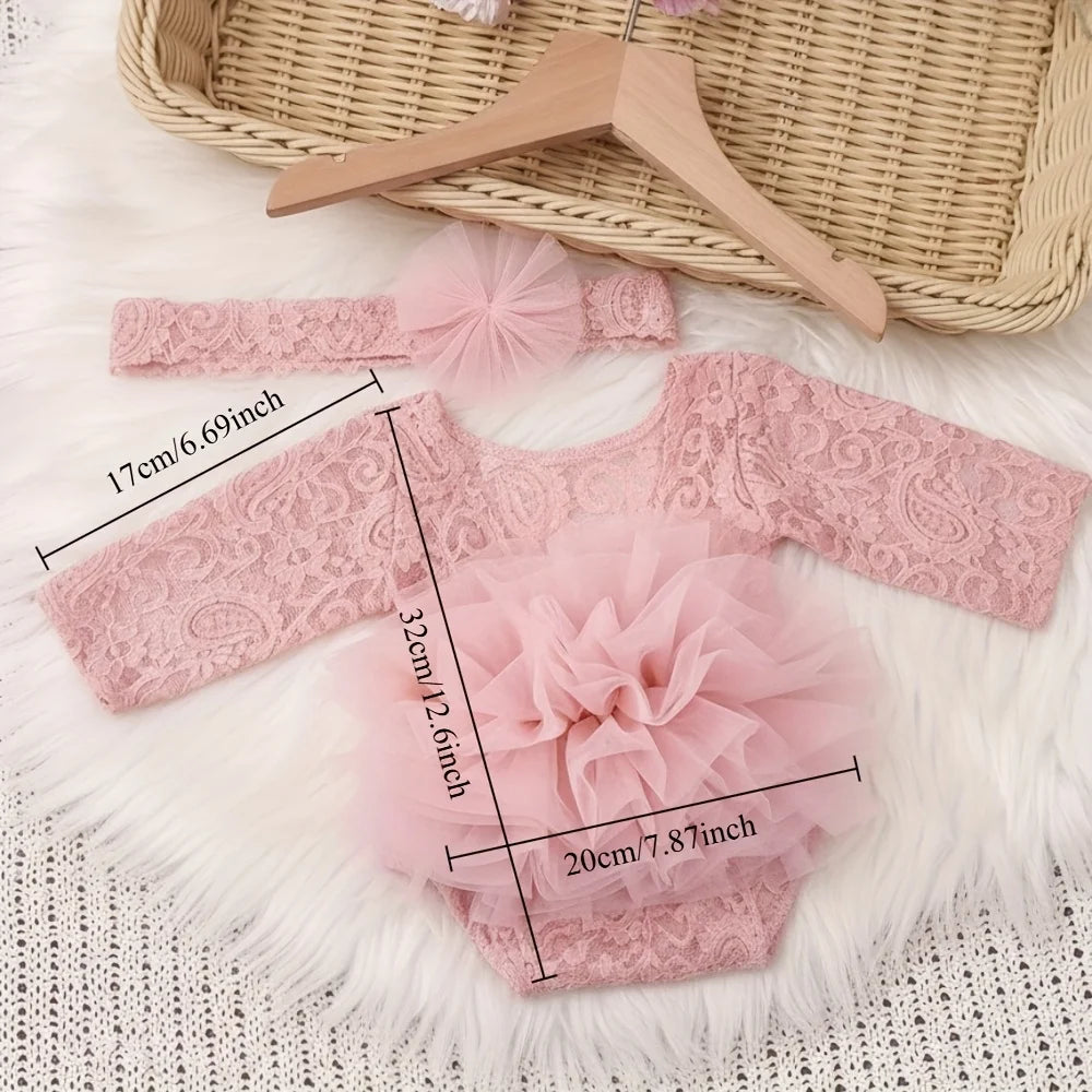 Newborn Lace Flower Headband And Bodysuit Set For 100th Day Baby Photoshoot Outfit Infant Photo Prop Baby Shower Gift
