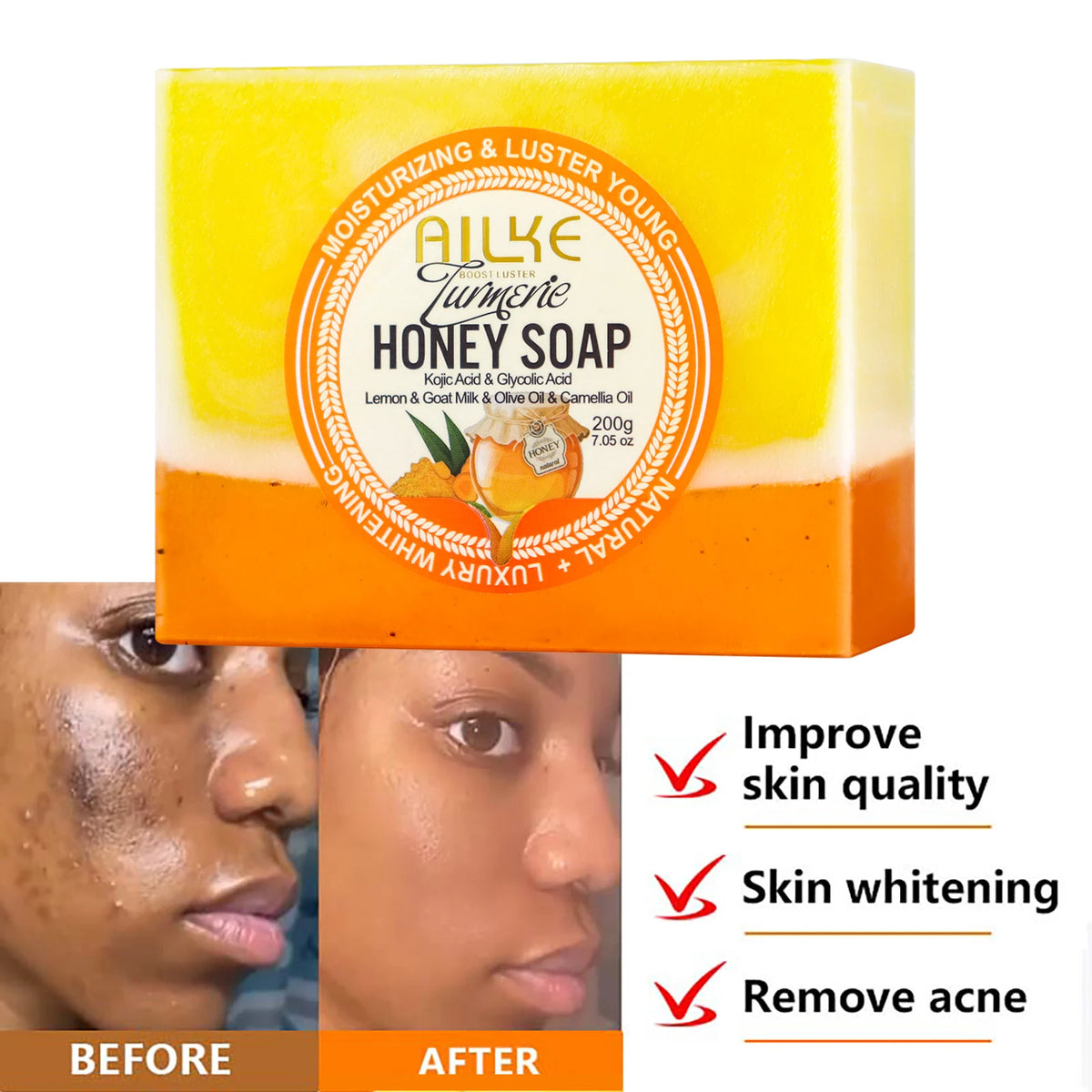 AILKE Natural Turmeric Honey Soap Cleanser, Lightening, Clean Skin, Remove Dark Spots, Stains, for Face and Body, 200g/7 oz