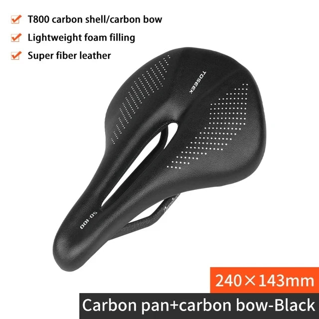 TOSEEK Full Carbon Saddle MTB/Road 143/155MM Bike Saddle Super Light Leather Carbon Cushions Only 135g Carbon Rails Bicycle Seat