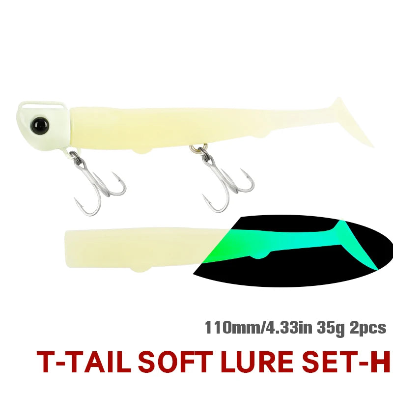 TSURINOYA T-Tail Soft Fishing Lure Set with Jig Head 110mm 35g 2pcs Saltwater