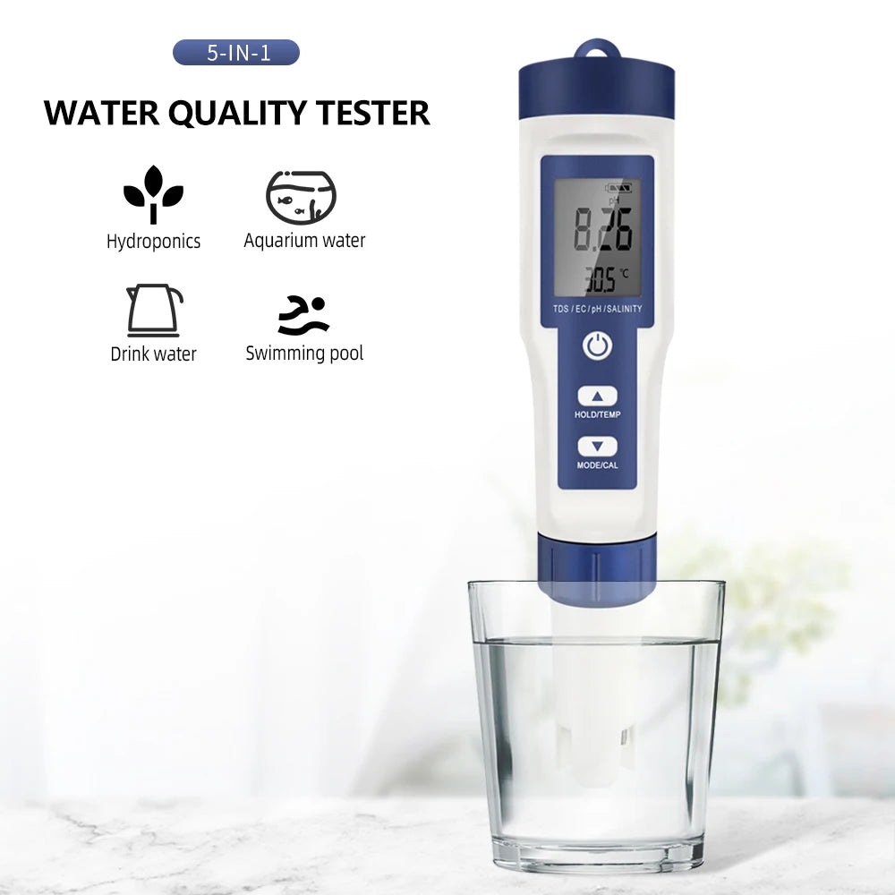 Professional Water Quality Tester 5 In 1 TDS/PH/EC/Temp /Salinity Meter Water Analyzer for Pools Drinking Water Aquarium Monitor