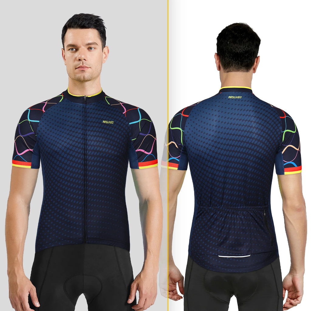 ARSUXEO Men's Cycling Jersey Bicycle Summer Short Sleeves Mountain Bike T-Shirt With Zipper Pockets Reflective Riding Clothing
