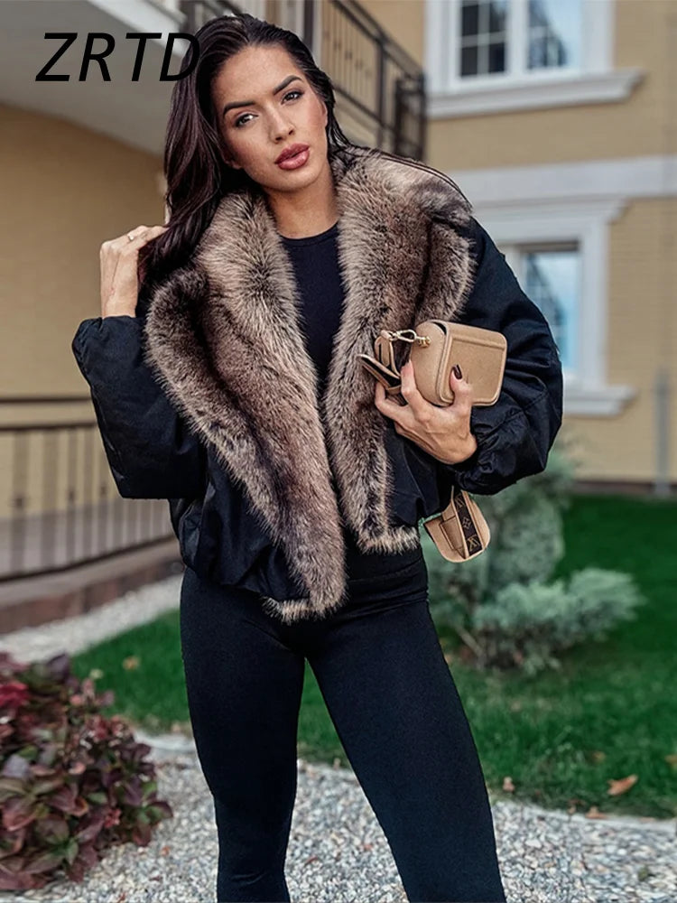 Street Faux Fur Patchwork Cropped Coats Women Loose Lapel Full Sleeve Pockets Warm Jackets 2025 Winter Lady Fashion Outwear