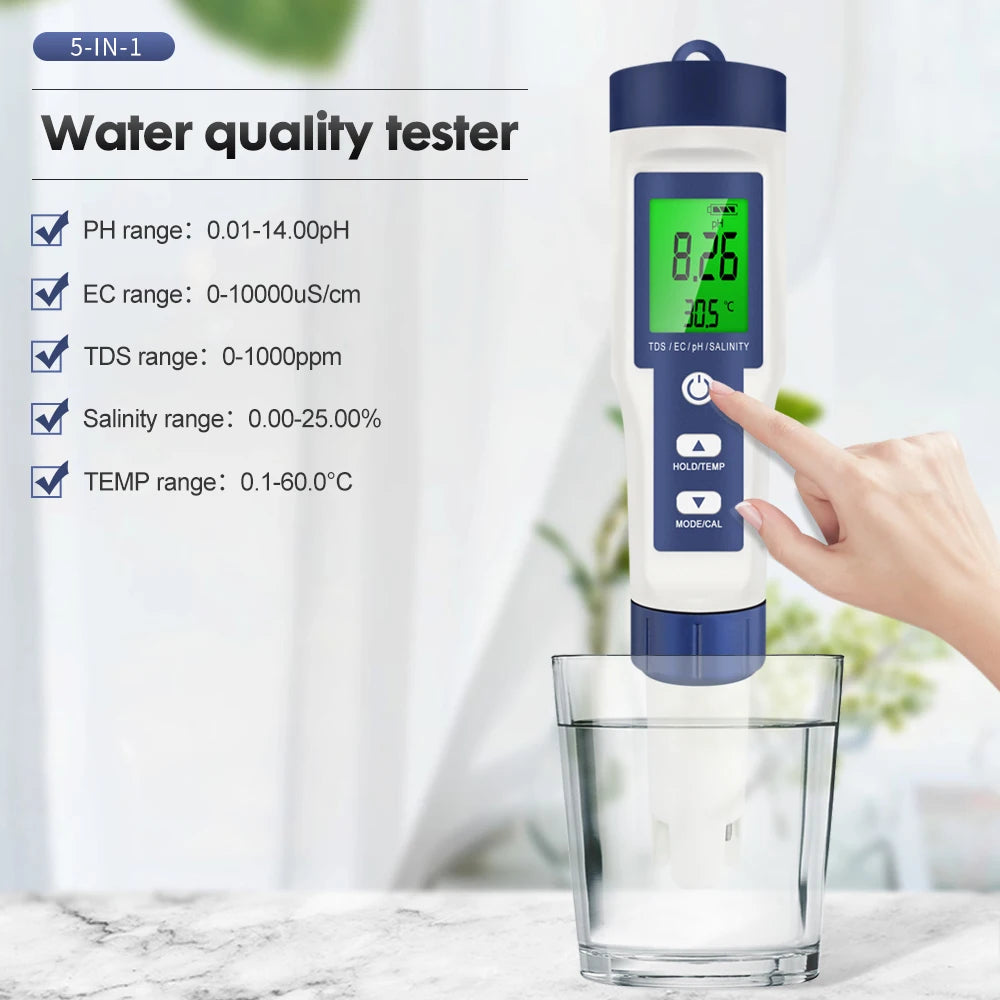 Professional Water Quality Tester 5 In 1 TDS/PH/EC/Temp /Salinity Meter Water Analyzer for Pools Drinking Water Aquarium Monitor