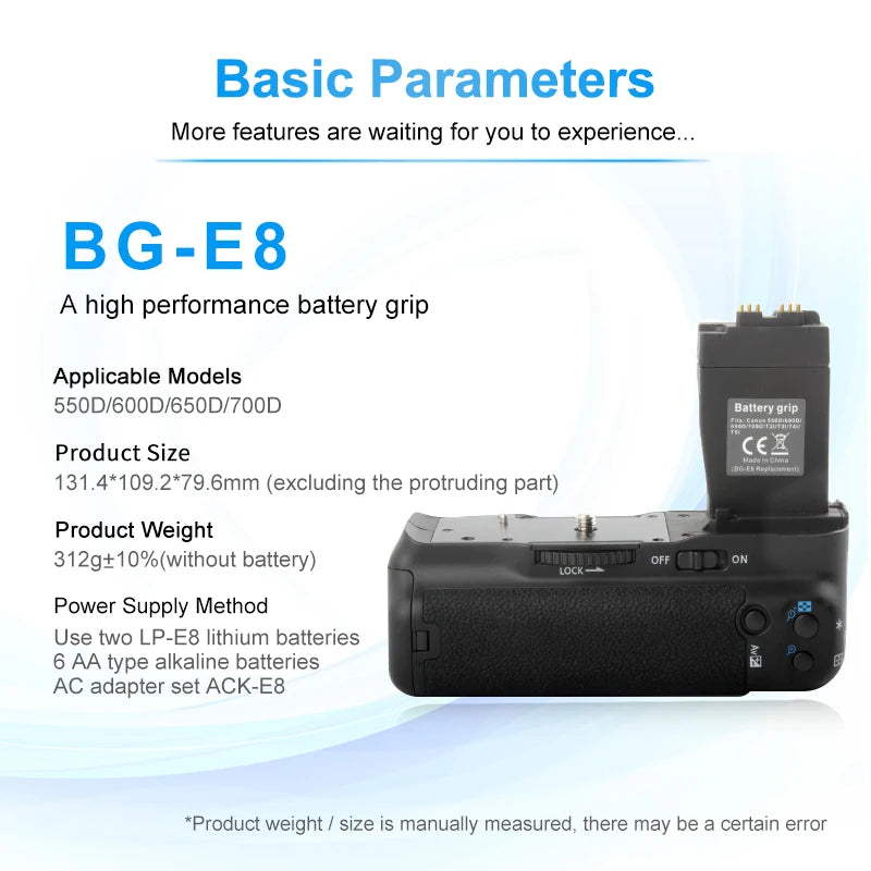 BG-550D BG-E8 Vertical Battery Grip for Canon EOS 550D 600D 650D 700D Rebel T2i T3i T4i T5i Anti-slip Stable Shooting