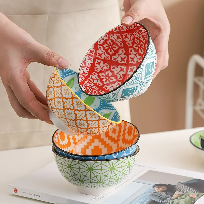4-Piece Bohemian Ceramic Bowl Set - Salad, Dessert, Soup, Fruit, Appetizer & Snack Nut Bowls, Dishwasher & Microwave Safe