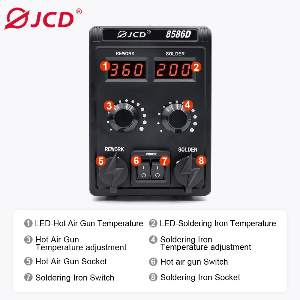 JCD 8586D Soldering Station 2 IN 1 Hot Air Gun Solder Station with 2 Digital display,10-Minute Sleep Mode for SMD Rework 220V