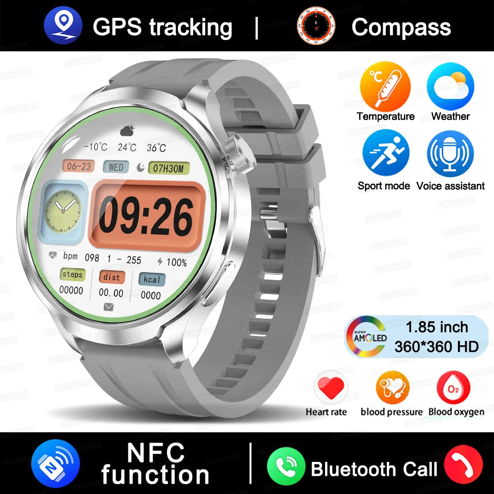 1.85" HD Big Screen Smart watch For men Sports NFC Watch Bluetooth Call Blood Pressure Temperature GPS Sport Track smart watch