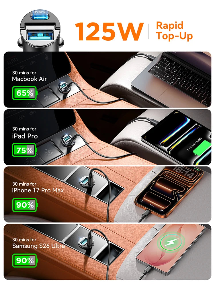 Joyroom 125W Car Charger AFC PPS QC PD Fast Charging For Tablets iPhone 17 16 15 14 Samsung Xiaomi Mini Car Phone Charger