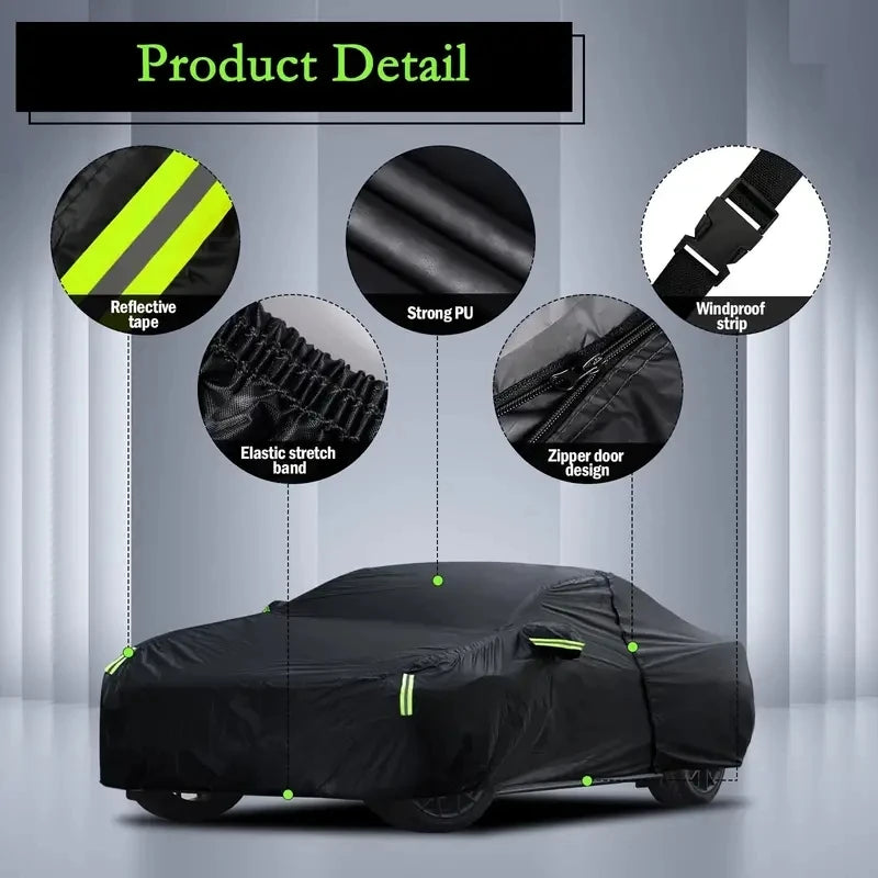 Universal full car cover waterproof UV sun rain snow protection, black, zipper, S-XXL