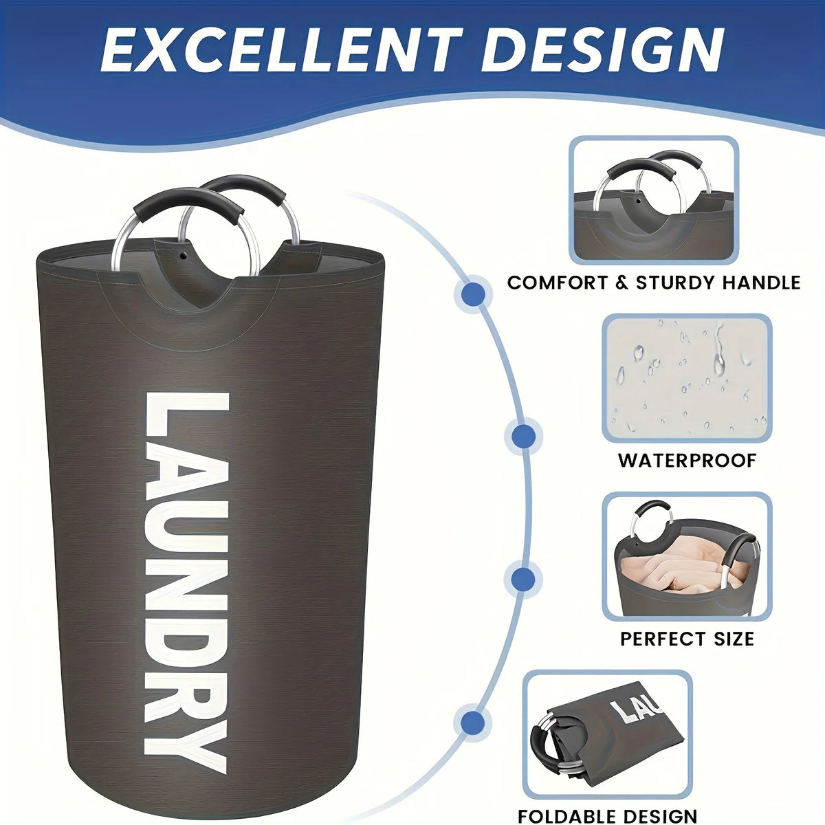 Extra-Large Waterproof Foldable Laundry Basket Hamper with Padded Handle, Grey