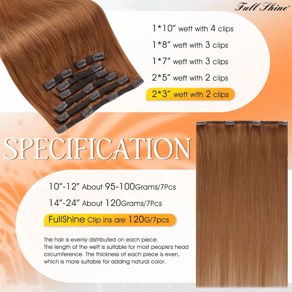 Full Shine Clip-In Human Hair Extensions Remy Double Weft 7pcs 105g Jet Black 12-24in