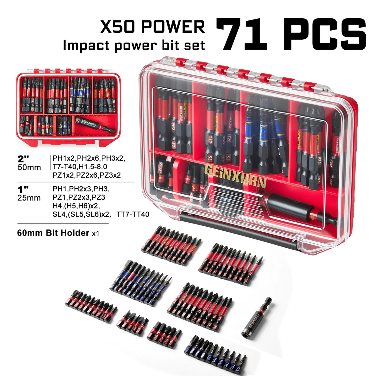 Geinxurn Impact Screwdriver Bits Set,Case Storage Magnetic S2 Steel Multi Insert Power Bits Tips with Bit Holder and Nut Driver