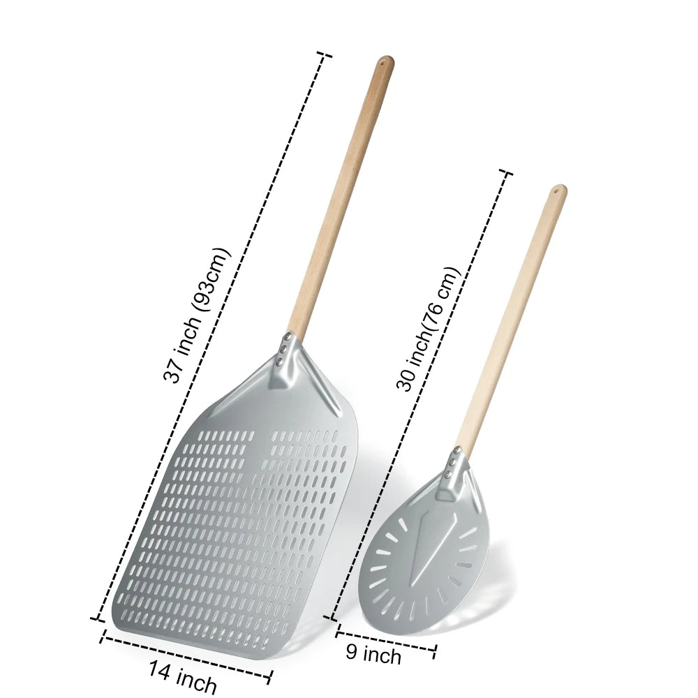 SHANGPEIXUAN Perforated Pizza Peel with Turning Pizza Peel Wood Handle Pizza Shovel Anodized Short Spatulas Baking Tools